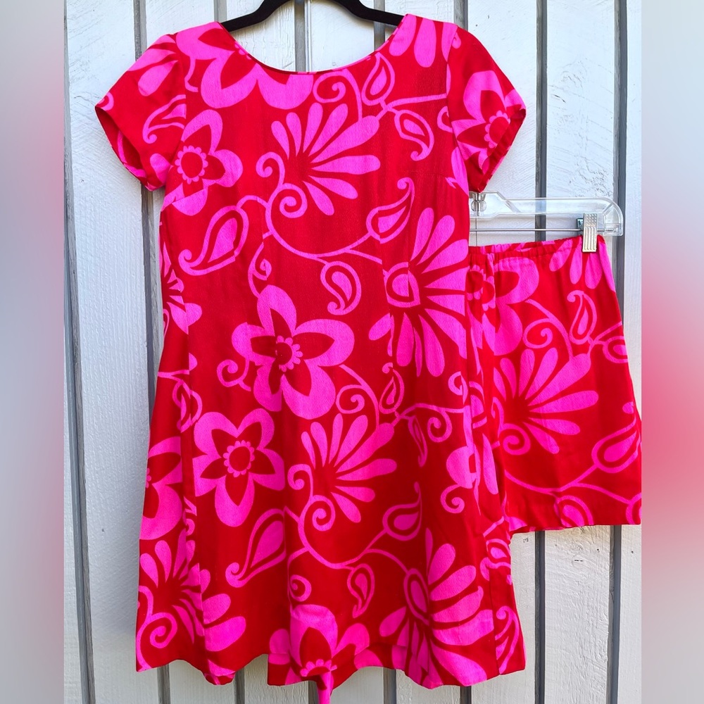 Vintage 1960s Hawaiian Dress Shorts Set Fuchsia Red